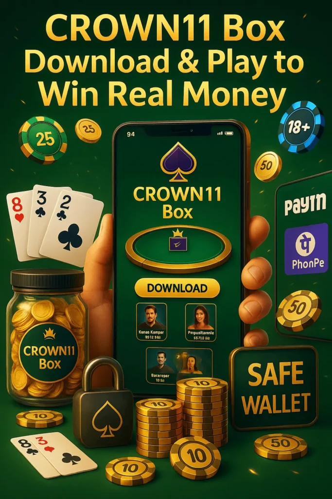 Crown11Box App Mystery Box with motorcycle, smartwatch, gold coins, and electronics rewards on green background