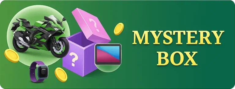 CROWN11 Box Mystery Box with motorcycle, smartwatch, gold coins, and electronics rewards on green background